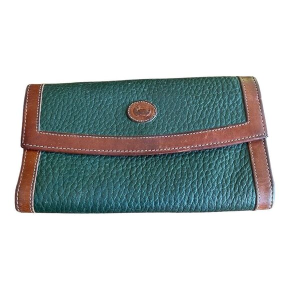 Vintage Dooney & Burke Green Tan Pebble Leather Wallet Coin Purse - Picture 1 of 9